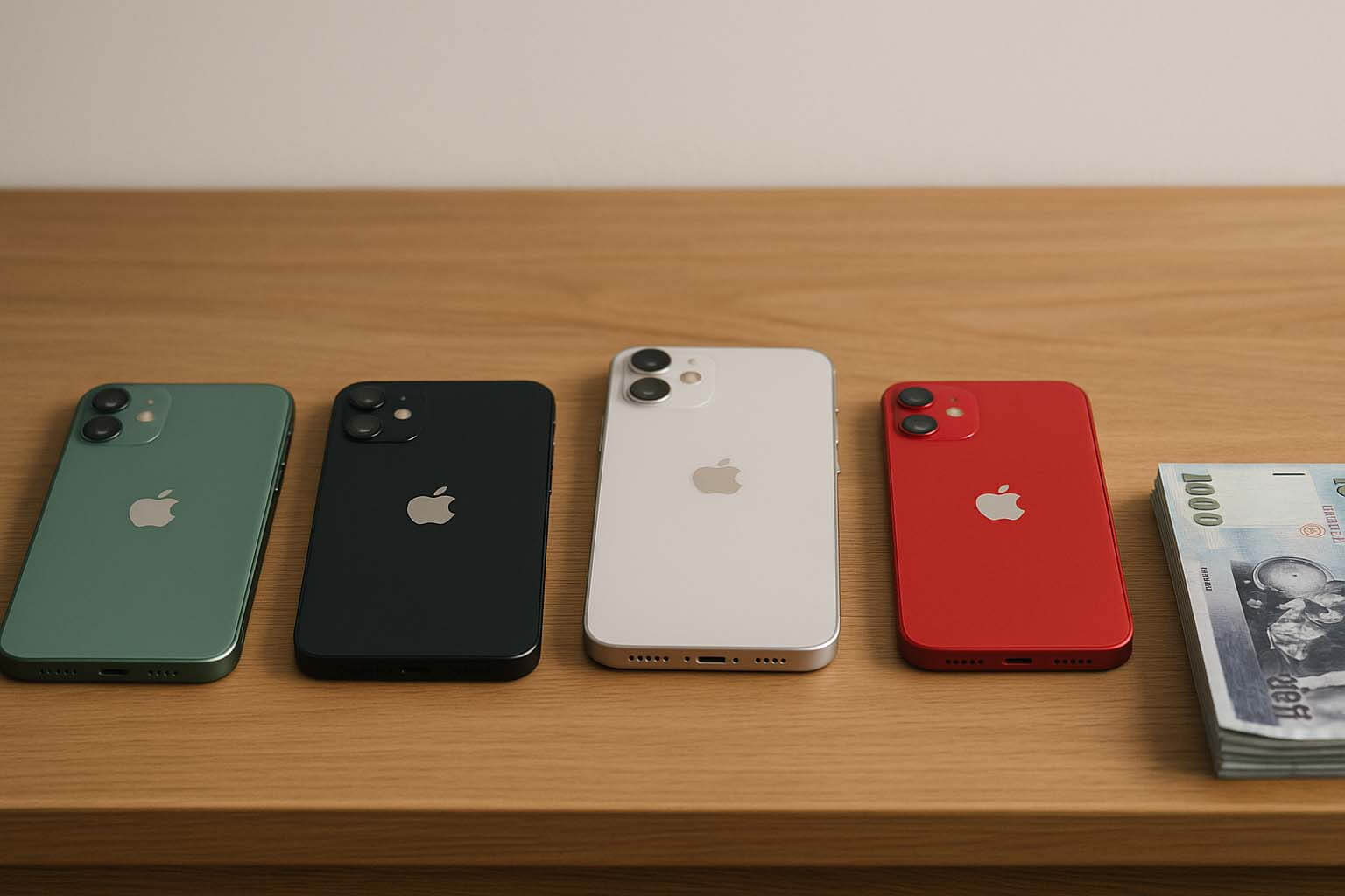 多支 iPhone 與新台幣現金擺在木質桌面象徵 iPhone 二手機買賣與手機估價