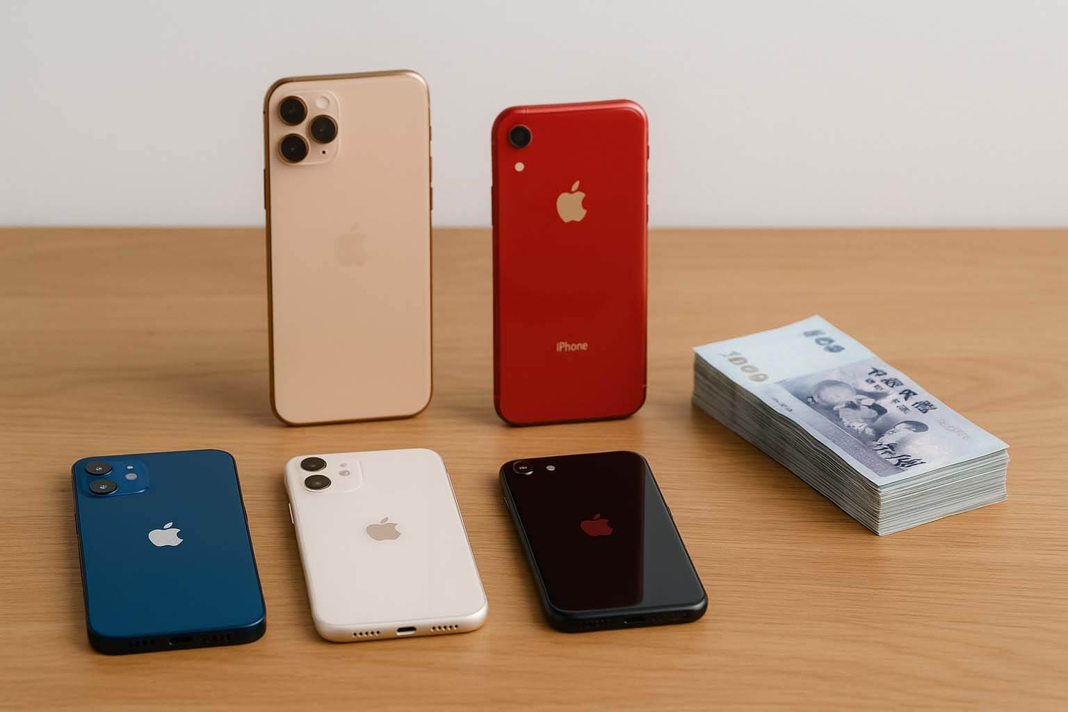 iPhone 二手機買賣・二手機交換・貼換全新機|全新品手機買賣・以舊換新 - 第1張圖 多支 iPhone 與新台幣現金擺在木質桌面象徵 iPhone 二手機買賣與手機估價