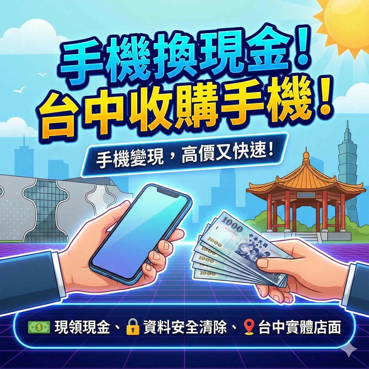 台中一中街實體門市進行手機換現金的檢測過程 / Testing process for exchanging mobile phone for cash at a physical store in Yizhong Street, Taichung.